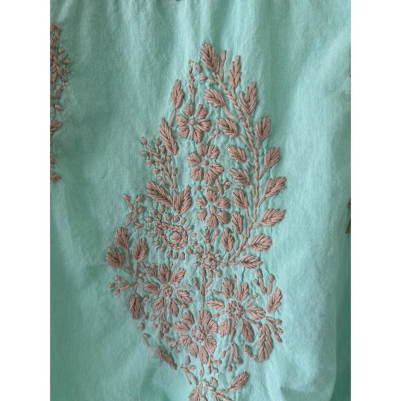 Roller Rabbit Embroidered Tunic Top V-Neck Short Sleeve Aqua Tan M - Picture 13 of 13